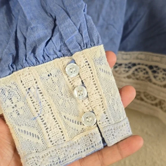 Blue Lace Trim Blouse - Picture 6 of 8